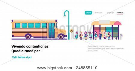 Yellow Bus Station Back To School Pupils Transport Concept On Cityscape Mix Race Group Background Fl