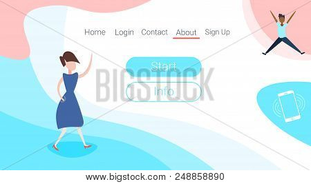 Mix Race Woman Man Physical Jerks Standing Pose Background Female Male Cartoon Character Full Length