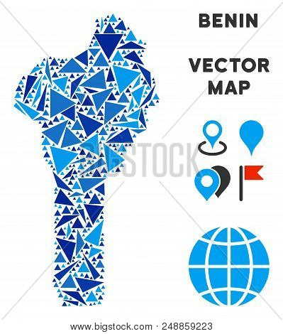 Benin Map Mosaic Of Blue Triangle Items In Different Sizes And Shapes. Vector Polygons Are United In