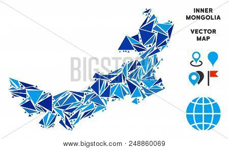 Chinese Inner Mongolia Map Mosaic Of Blue Triangle Elements In Different Sizes And Shapes. Vector Tr