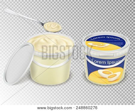 Realistic Illustration, Plastic Transparent Buckets With Food - Mayonnaise, Sour Cream, Yogurt, Sauc