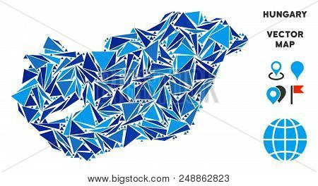 Hungary Map Mosaic Of Blue Triangle Items In Various Sizes And Shapes. Vector Triangles Are Composed