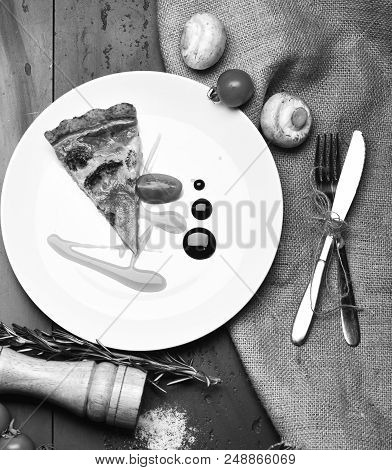 Piece Of Pizza On Grey Texture Background. Homemade Cuisine Concept. Slice Of Vegetarian Pizza With 