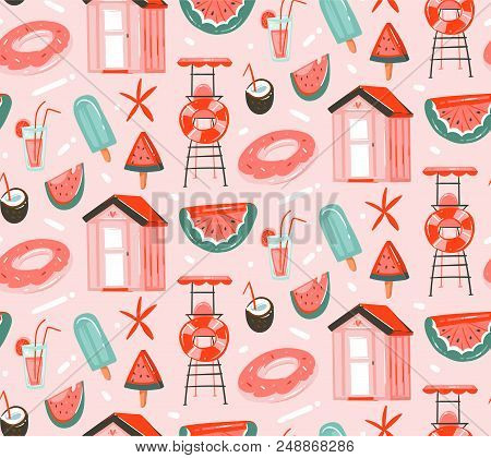 Hand Drawn Vector Abstract Graphic Cartoon Summer Time Flat Illustrations Seamless Patterns With Coc