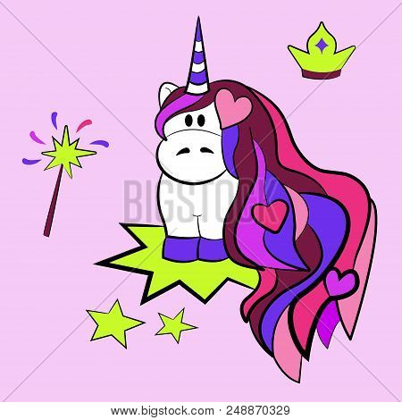 Sticker Pack With Magical Unicorn, Crown, Magic Wand. It Can Be Used As Sticker, Icon, Pin, Patch, E