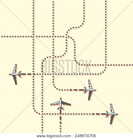 Airplanes With Trails. Aircrafts Tracking. Vector Illustration