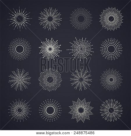 Vintage sunburst collection with geometric shape. Elements for icons and logo. Badge and burst, ray graphic, light ray, vintage design, collection element radial.. Vector illustration.