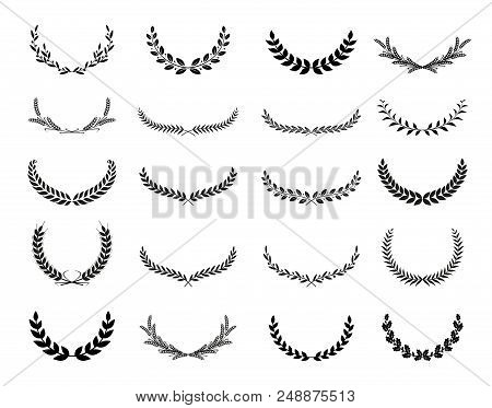 Collection Of Different Black And White Silhouette Circular Laurel Foliate, Wheat And Oak Wreaths De