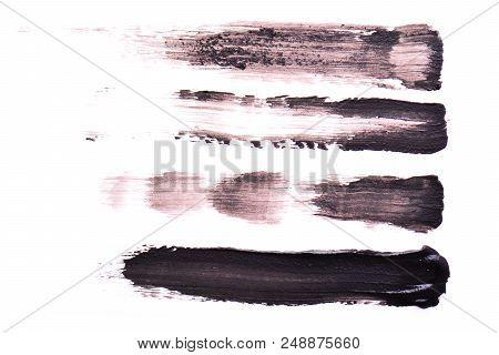 Set Of Black Strokes Of Mascara On A White Background. Texture Of Black Mascara For Eyelashes Isolat