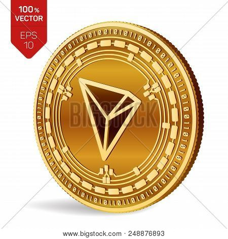 Tron. 3d Isometric Physical Coin. Digital Currency. Cryptocurrency. Golden Coin With Tron Symbol Iso