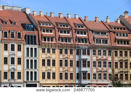 Dresden City In Germany (state Of Sachsen). Old Town (altstadt) Colorful Architecture Street View.