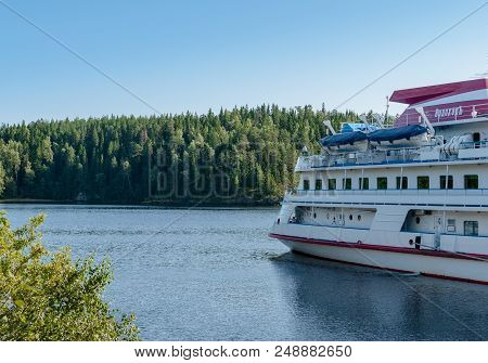 Island Valaam, Russia - September 6, 2017:  Moored Tourist Boats At The Dock On The Island In Valaam