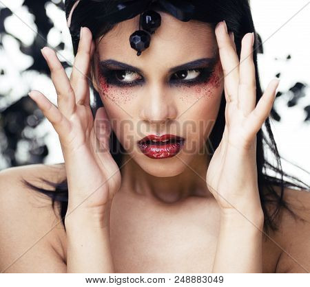 Pretty Brunette Woman With Rose Jewelry, Black And Red, Bright Make Up Kike A Vampire Closeup Red Li