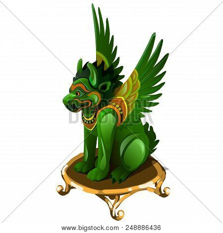 Griffin Figurine Made Of Jade Isolated On White Background. Statuette Of A Mythological Monster Made
