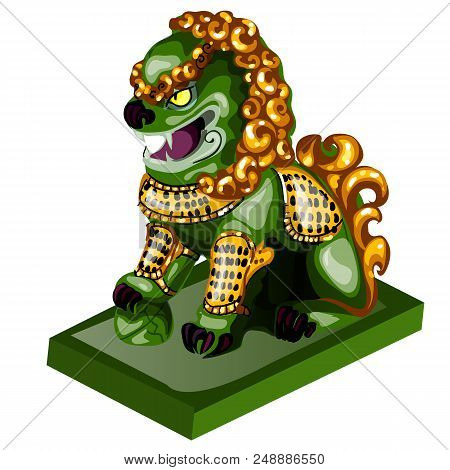 Lion Figurine Made Of Jade Isolated On White Background. Statuette Of Nephrite In The Oriental Style