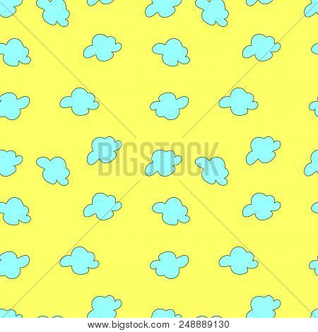 Seamless Pattern Of Blue Clouds Isolated On Yellow Background. Hand Drawn Illustration