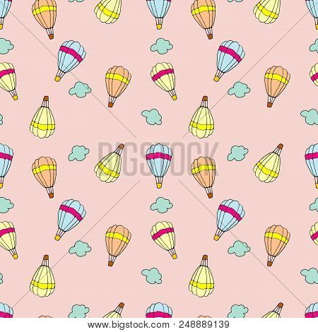 Seamless Pattern Of Colorful Parachute Variations Drawing. Hand Drawn Illustration On Pink Backgroun