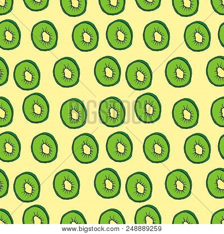 Green Kiwi Seamless Pattern. Hand Drawn Illustration On Yellow Background