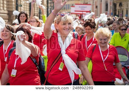Prague, Czech Republic - July 1, 2018: Women Parading At Sokolsky Slet, A Once-every-six-years Gathe