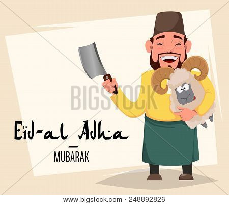 Muslim Traditional Holiday Eid Al-adha. Sacrifice A Ram. Greeting Card For Kurban Bayrami With Arabi