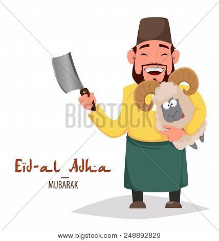 Muslim Traditional Holiday Eid Al-adha. Sacrifice A Ram. Greeting Card For Kurban Bayrami With Arabi