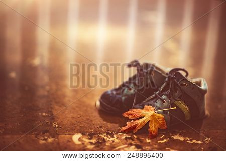 Baby boots in the puddle, closeup photo of a kids footwear with old dry maple leaf on it lonely standing on the ground in overcast fall weather, back to school concept