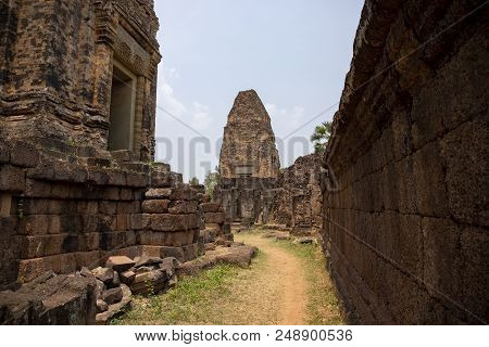 Landscape With Ancient Temple In Angkor Wat Complex, Cambodia. Pre Rup Temple Internal Yard And Ston