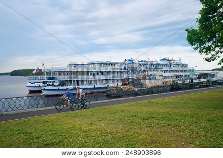 Myshkin, Russia - June 2, 2018: Cruise Passenger Ships On The Volga River On The Mooring Of The Town
