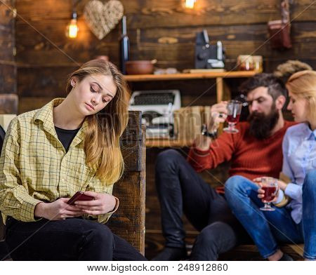 Teenage Girl Checking Smartphone, Virtual Reality Vs Real Life Concept. Bearded Man Chatting With Hi