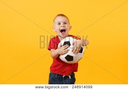 Little Cute Kid Baby Boy 3-4 Years Old, Football Fan In Red T-shirt Holding In Hand Soccer Ball Isol