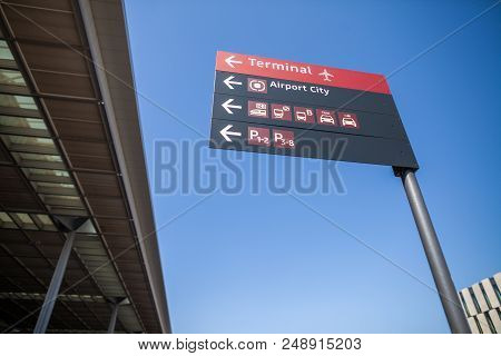 Berlin / Germany - April 29, 2018: Signpost On Passenger Terminal Berlin Brandenburg Airport, Willy 