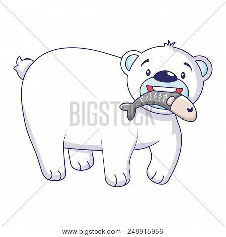 Polar Bear With Fish Icon. Cartoon Of Polar Bear With Fish Vector Icon For Web Design Isolated On Wh