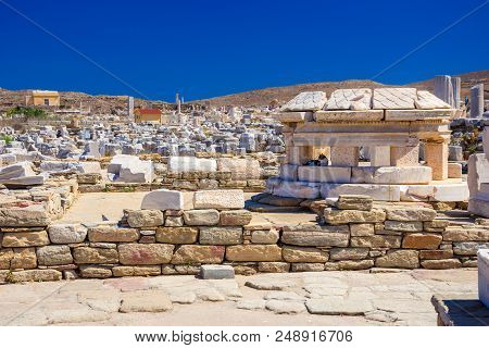 Ancient Ruins In The Island Of Delos In Cyclades, One Of The Most Important Mythological, Historical