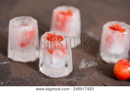 Fresh Cherry Cocktail. Fresh Summer Cocktail With Cherry And Ice Cubes. Glass Of Cherry Soda Drink O