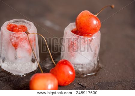 Fresh Cherry Cocktail. Fresh Summer Cocktail With Cherry And Ice Cubes. Glass Of Cherry Soda Drink O