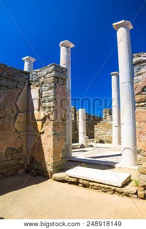 Ancient Ruins In The Island Of Delos In Cyclades, One Of The Most Important Mythological, Historical