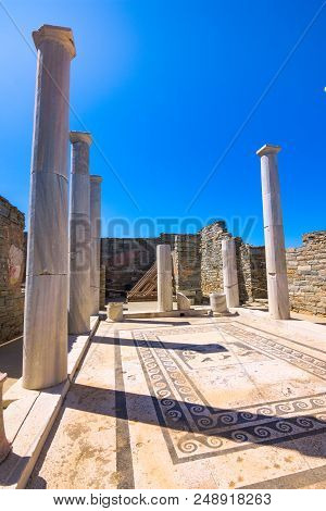 Ancient Ruins In The Island Of Delos In Cyclades, One Of The Most Important Mythological, Historical