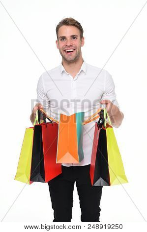 Is It For Me. Guy Satisfied Got Bag Gift. Man Happy Received Package Gift Isolated White. Birthday D