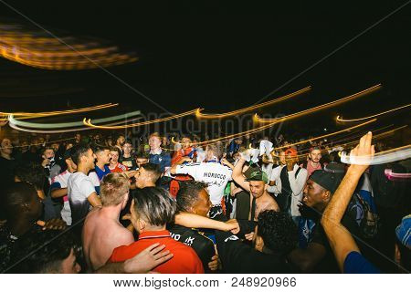 Strasbourg, France - July 10, 2018: Light Trails Over Crowd Of Central Place Kleber After The Victor