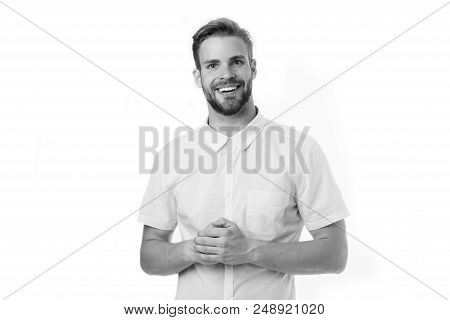 How Can I Help You. Man Smiling Face Posing Confidently With Folded Arms White Background. Guy With 