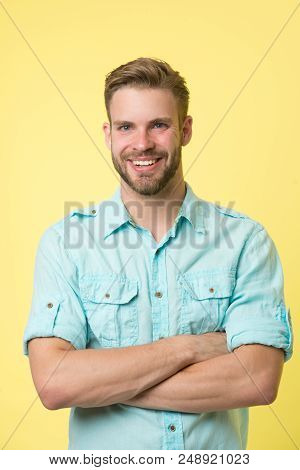 Cheerful Consultant. Man Smiling Face Posing Confidently With Folded Arms Yellow Background. Man Sho