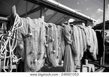 Fishing Nets Dry On Sun In Castries, St.lucia. Fishing And Recreation On Tropical Island. Travelling