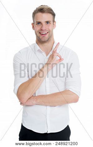No Problems. Man Smiling Face Posing Confidently Ready To Help White Background. Guy With Bristle Gl
