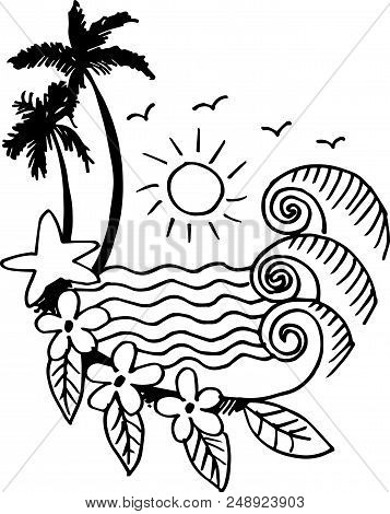 Doodle Summer Beach On White Background. Hand Drawing Illustration.