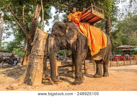 Angkor Wat, Cambodia - March 15, 2018: Tourists Ride An Elephant At The Area Of Angkor Wat, Near Sie