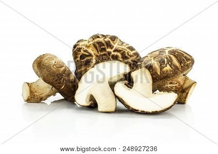 Group Of Three Whole Two Halves Of Fresh Raw Brown Shiitake Mushroom Isolated On White
