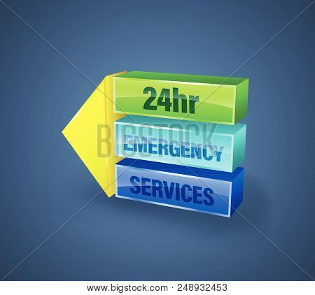 24hr Emergency Services Banner 3d Style. Vector Illustration For Business Services All Time.