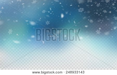 Stock Vector Illustration Realistic Falling Snow. Snowflakes, Snowfall, Winter, Overlay. Transparent
