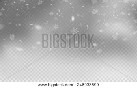 Stock Vector Illustration Realistic Falling Snow. Snowflakes, Snowfall, Winter, Overlay. Transparent