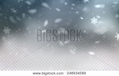 Stock Vector Illustration Realistic Falling Snow. Snowflakes, Snowfall, Winter, Overlay. Transparent